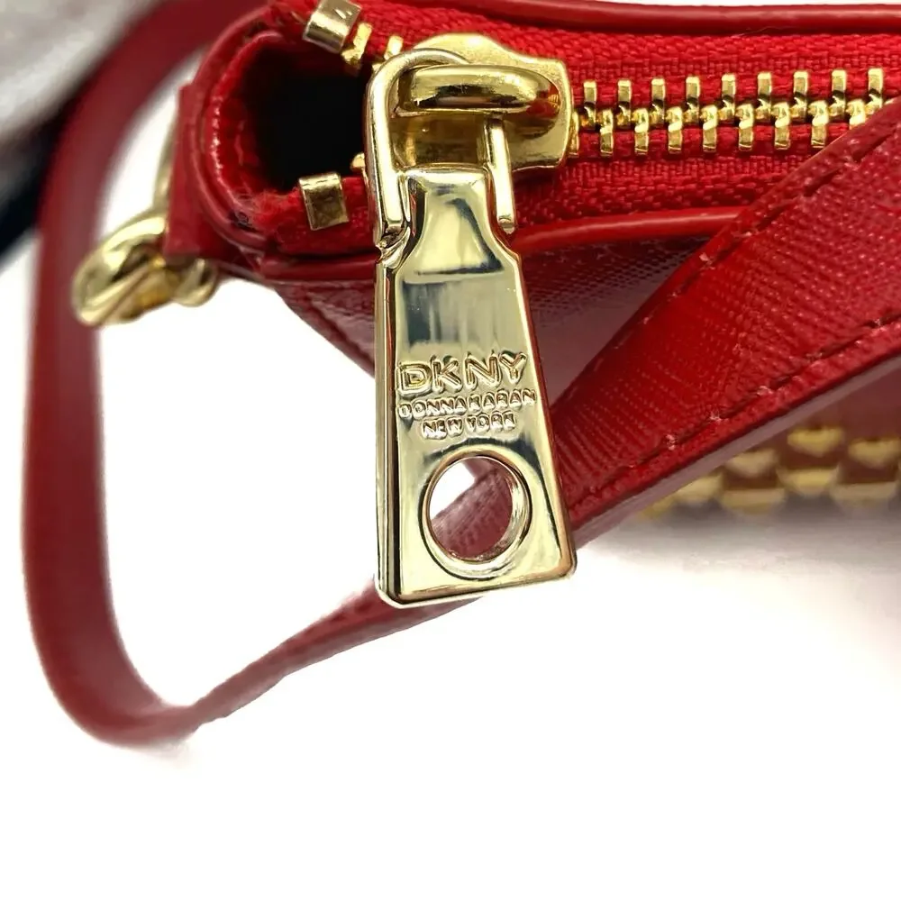 DKNY Red Saffiano Leather Studded Crossbody Clutch, Gold Hardware & Charm NWOT